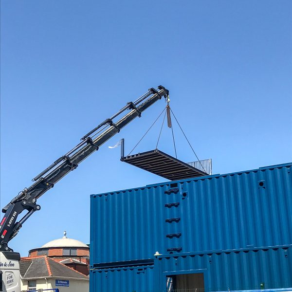 Terrace being lifted into place Terrace being lifted into place